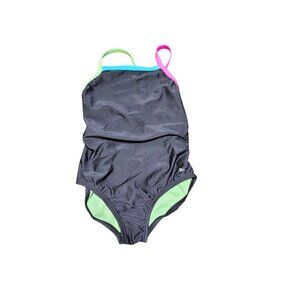 Speedo Girl's Paradise Green Good Vibes Swimsuit Size 12 Black Color Block